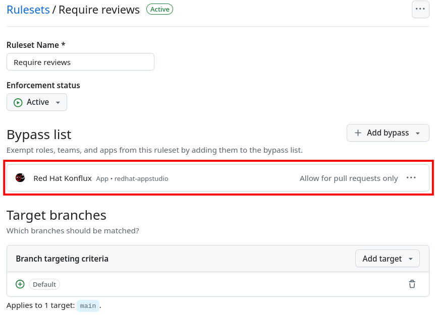 Image showing how to add a bypass rule for Red Hat Konflux app